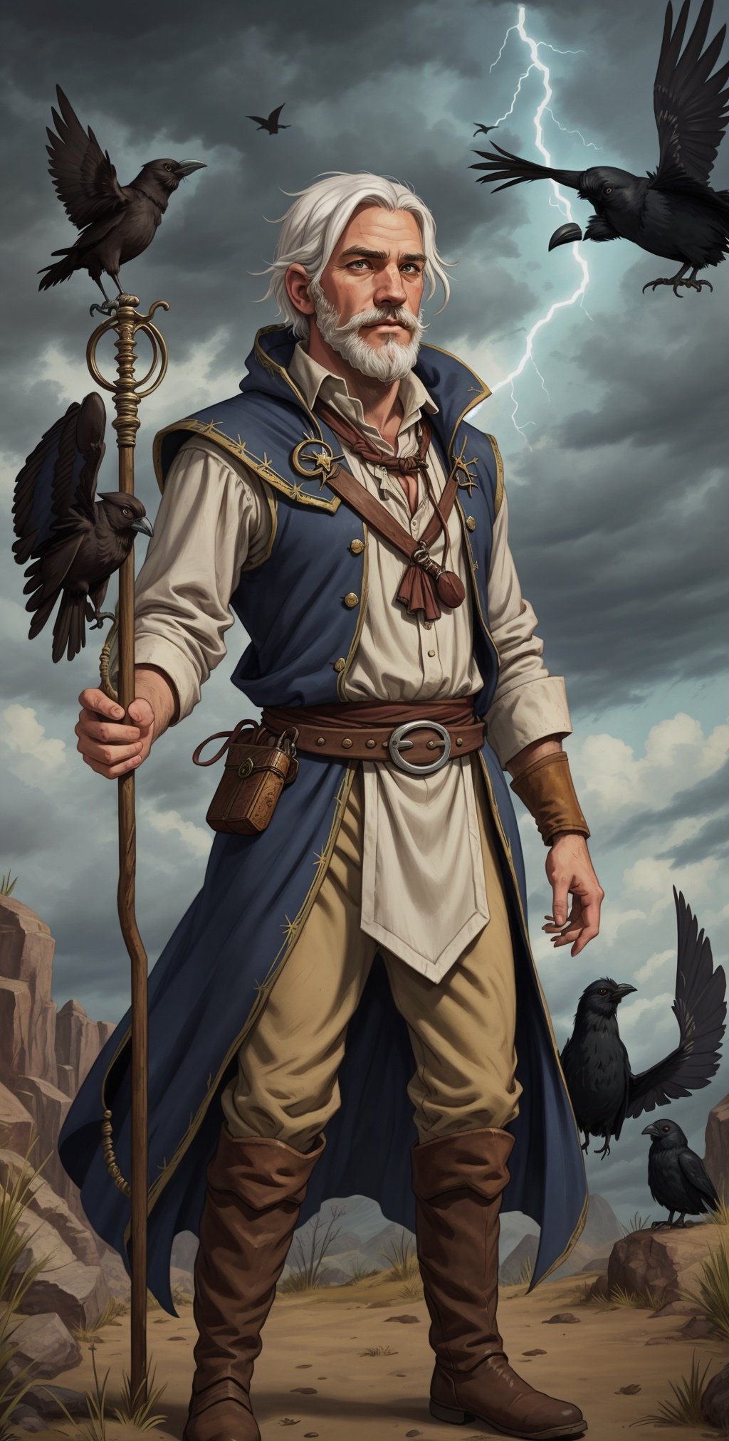 male, cowboy shot of old wizard, white hair, beard, white tabard, staff, crow, storm