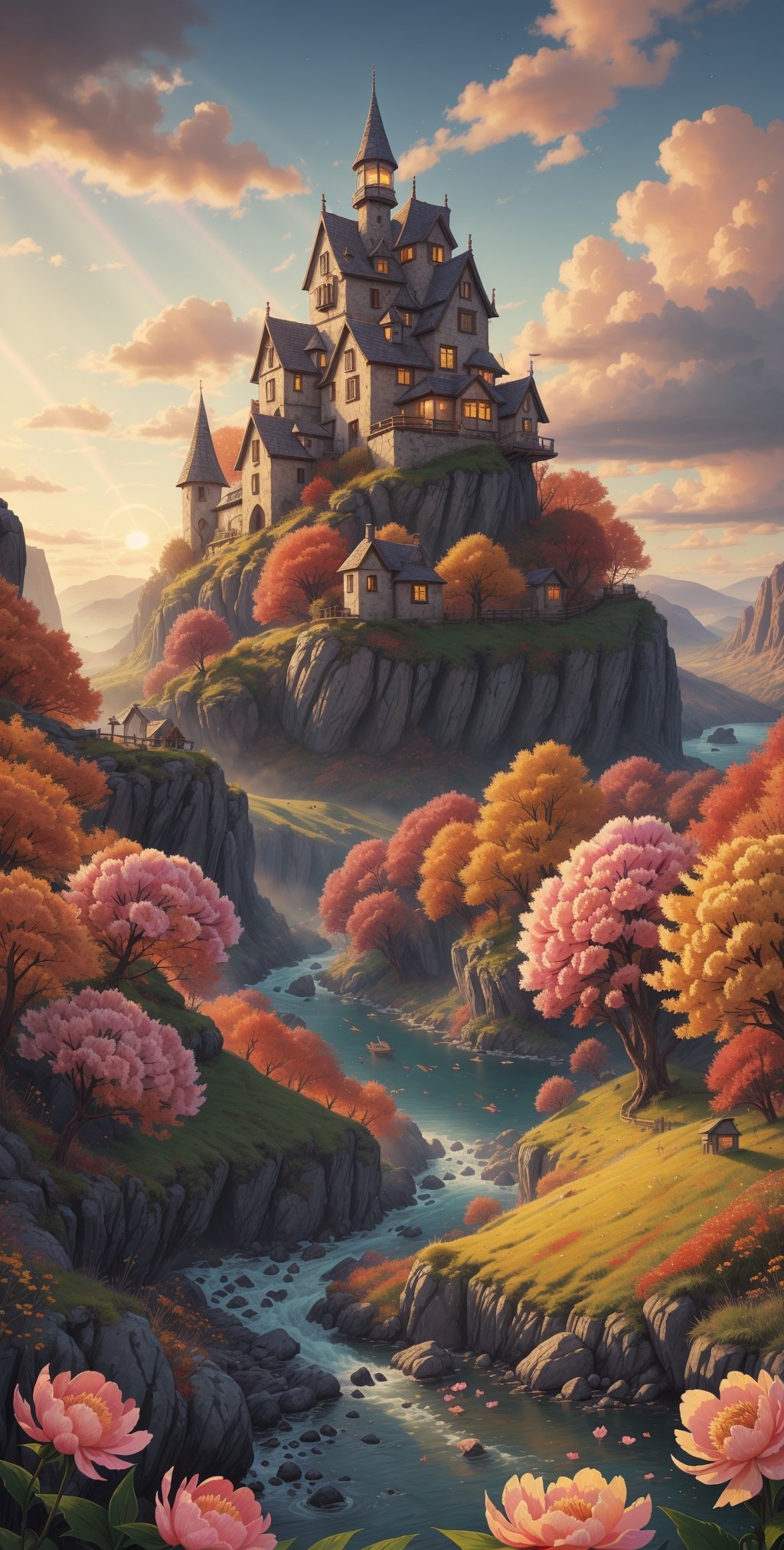 (autumn:1.3) ,sunrise,mountains and a wooden village on river, (Peony flowers on foreground), sunrays, lens flare, 4k highly detailed digital art, 8k hd wallpaper very detailed, impressive fantasy landscape, sci-fi fantasy desktop wallpaper, 4k detailed digital art, sci-fi fantasy wallpaper, epic dreamlike fantasy landscape, 4k hd matte digital painting, 8k stunning artwork