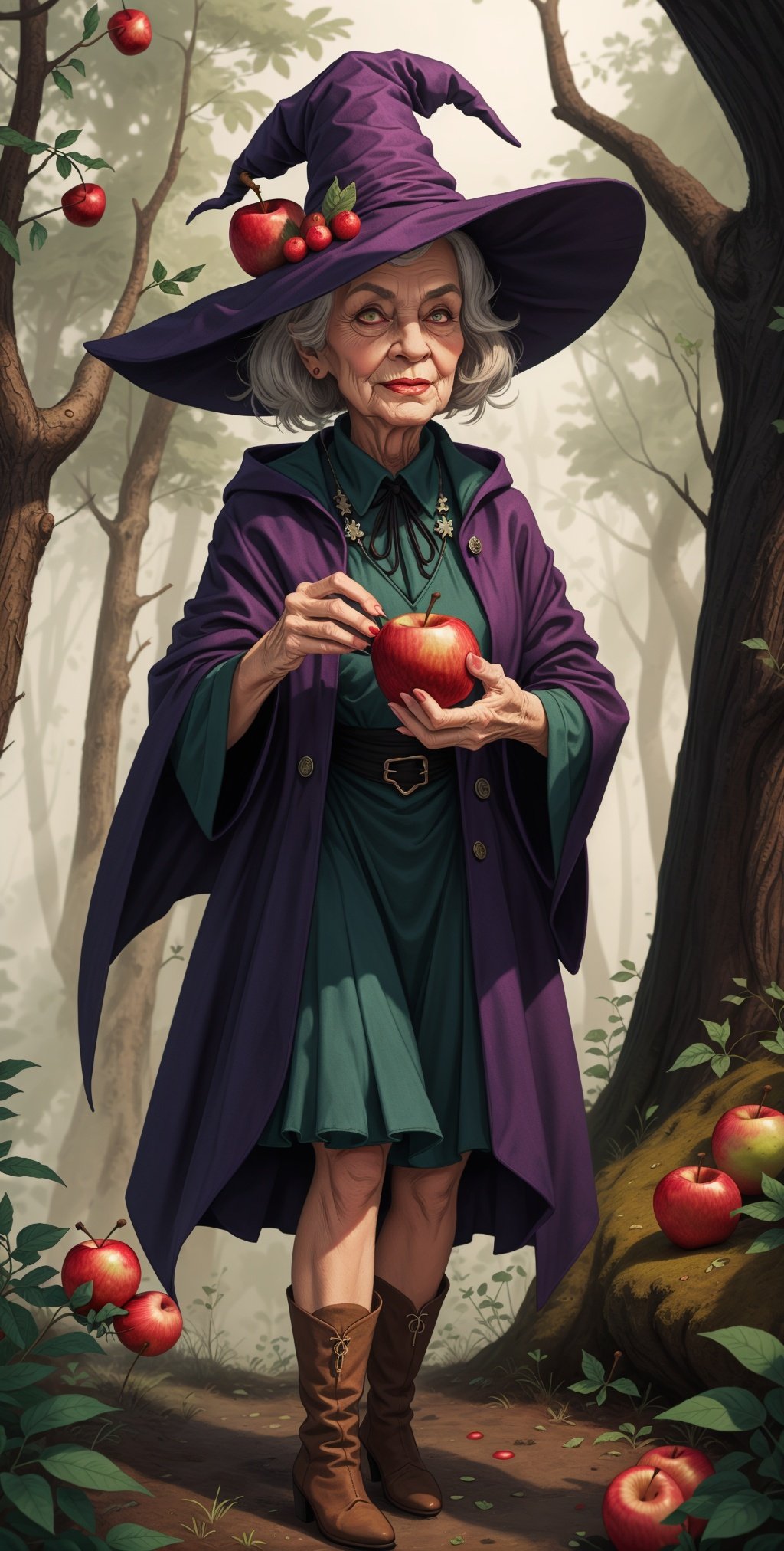 close-up an old ugly evil [grandmother|monster] in a witch's hat stands in the forest, holds a one red apple in her hand,blcak hair,scull fabric coat