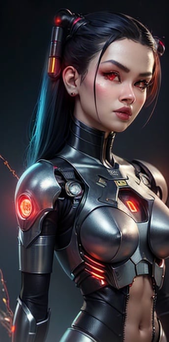 cyborg lady, Vietnam temple,dinhlang,cybernetic jaw, mechanical parts, metal skin, glowing red eyes, cables, wires, black hair, simple background,avneetkaurv10