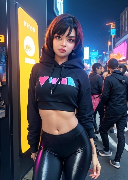 edgNoire,upper body shot,female, woman wearing casual hoodie with logos, sleek designer bodysuit, (cyber leggings:1.1) ,cyberpunk scene ,avneetkaurv10