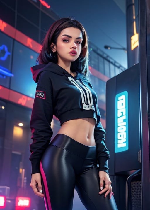 edgNoire,upper body shot,female, woman wearing casual hoodie with logos, sleek designer bodysuit, (cyber leggings:1.1) ,cyberpunk scene ,avneetkaurv10