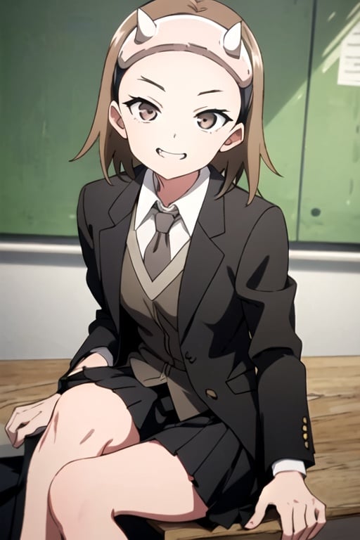 masterpiece, best quality, kunoichiDokudami, 1girl, solo, brown eyes, brown hair, happy,  looking at viewer,  hairband, , medium hair, black suit, black skirt, sitting, 