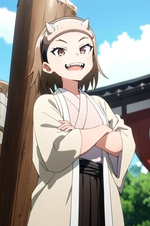 masterpiece, best quality, kunoichiDokudami, 1girl, solo, brown eyes, brown hair, happy,  looking at viewer,  grin, fang,  happy birthday, crossed arms, hairband, japanese clothes,  medium hair, 