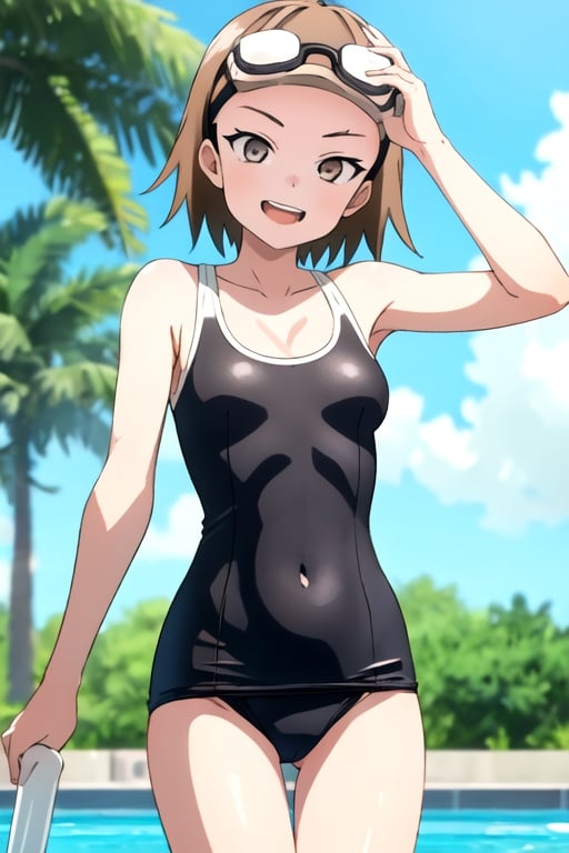 masterpiece, best quality, kunoichiDokudami, 1girl, solo, brown eyes, brown hair, happy,  looking at viewer, medium hair, swimsuit, school swimsuit,  pool, blue one-piece swimsuit, goggles, 