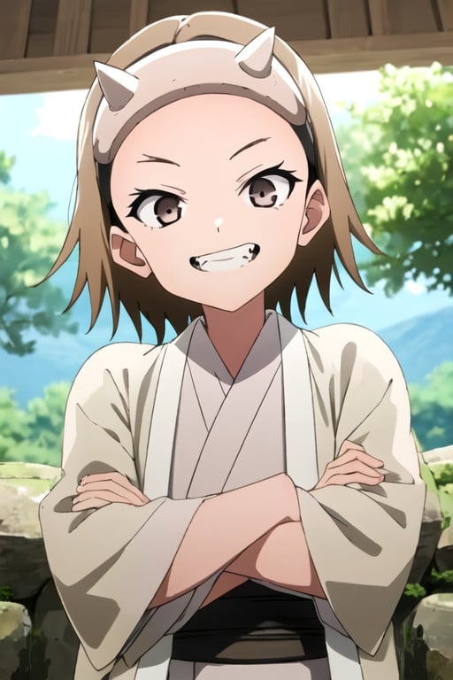 masterpiece, best quality, kunoichiDokudami, 1girl, solo, brown eyes, brown hair, happy,  looking at viewer,  grin, fang,  crossed arms, hairband, japanese clothes,  medium hair, sunlight, 