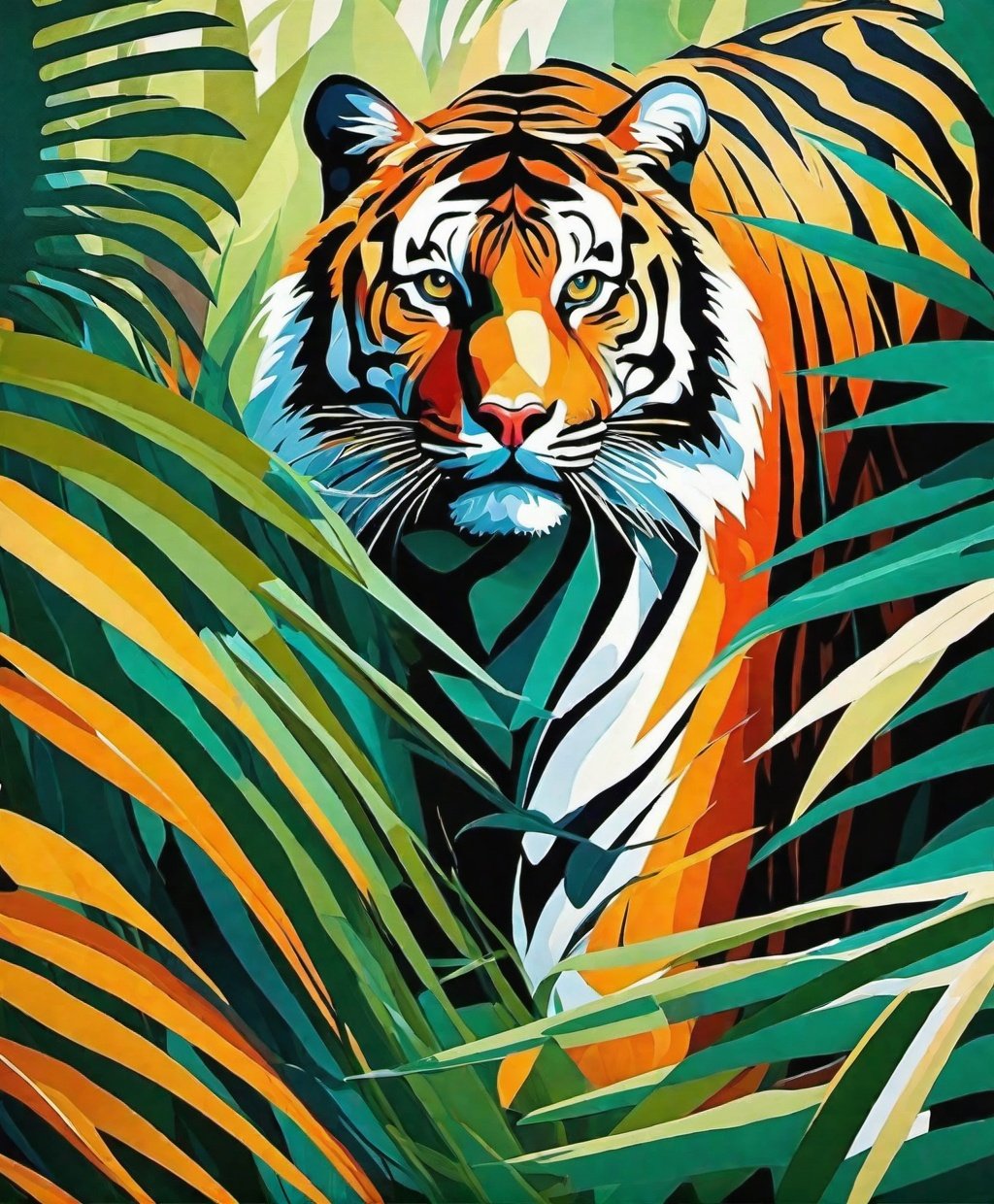 abstract style painting, tiger in jungle brush stalking prey