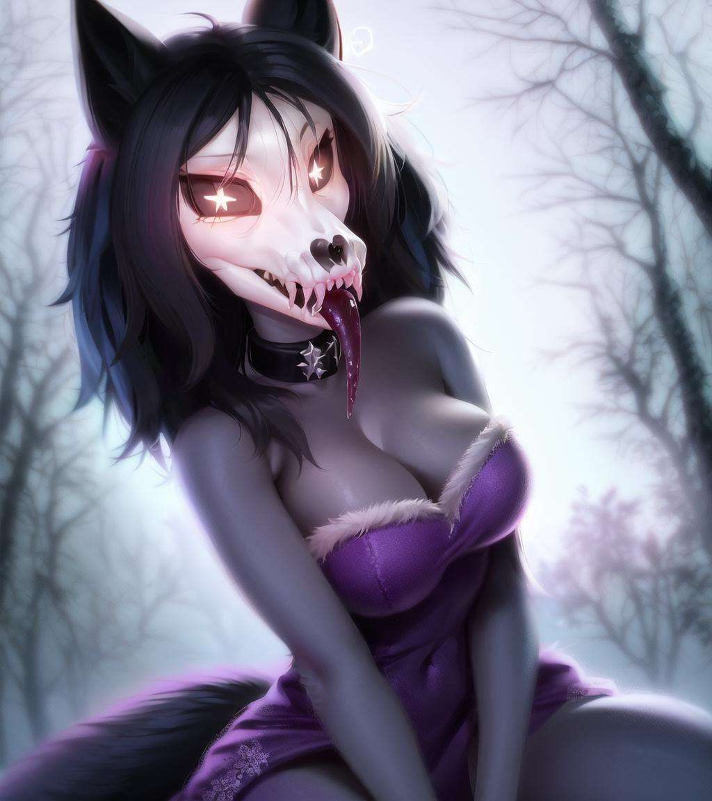 <lora:mallo:1>, (slit pupils, white eyes, black sclera), digitigrade, [collar], masterpiece, best quality, detailed realistic fur, (purple dress:1.3), fancy pants, (background is a snowy forest), detailed background, tongue out (licking), (low angle shot), detailed face, detailed eyes, detailed fluffy fur, fluffy tail, clothed, clothing