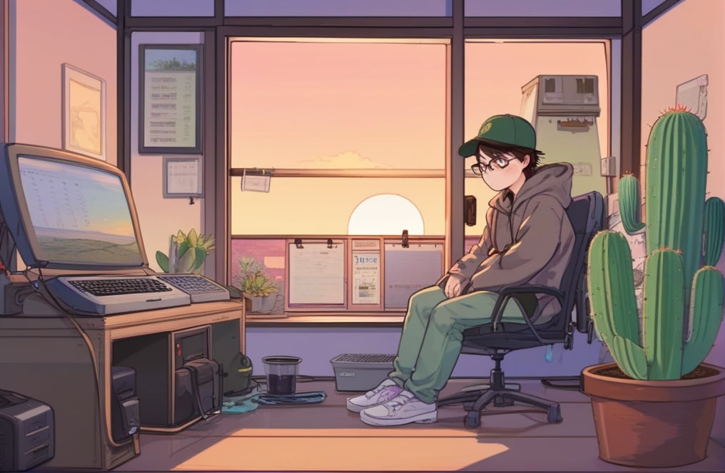 lofi anime, lofi, 1boy, 1girl, baseball cap, brown hair, cactus, calendar \(object\), chair, clock, cloud, computer, desk, glasses, hat, hood, hood down, hoodie, indoors, keyboard \(computer\), laptop, lofi style, male focus, monitor, mouse \(computer\), office chair, pants, plant, poster \(object\), potted plant, scenery, shoes, sitting, sneakers, solo, speaker, sunset, white footwear, window<lora:SDXL_Lofi:0.65>