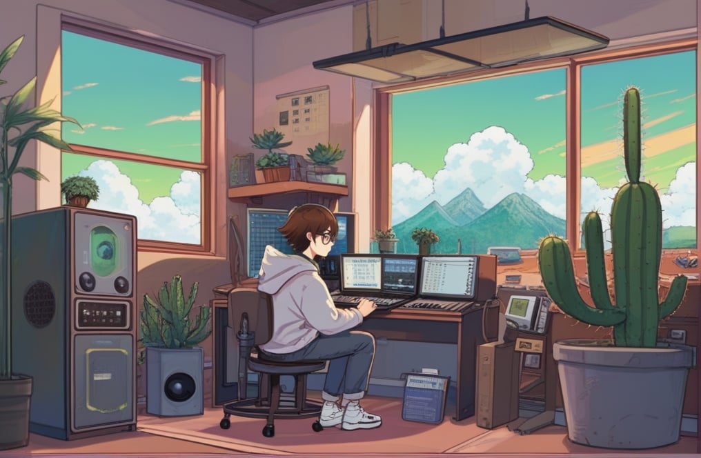 lofi anime, lofi, 1boy, 1girl, baseball cap, brown hair, cactus, calendar \(object\), chair, clock, cloud, computer, desk, glasses, hat, hood, hood down, hoodie, indoors, keyboard \(computer\), laptop, lofi style, male focus, monitor, mouse \(computer\), office chair, pants, plant, poster \(object\), potted plant, scenery, shoes, sitting, sneakers, solo, speaker, sunset, white footwear, window<lora:SDXL_Lofi:0.65>