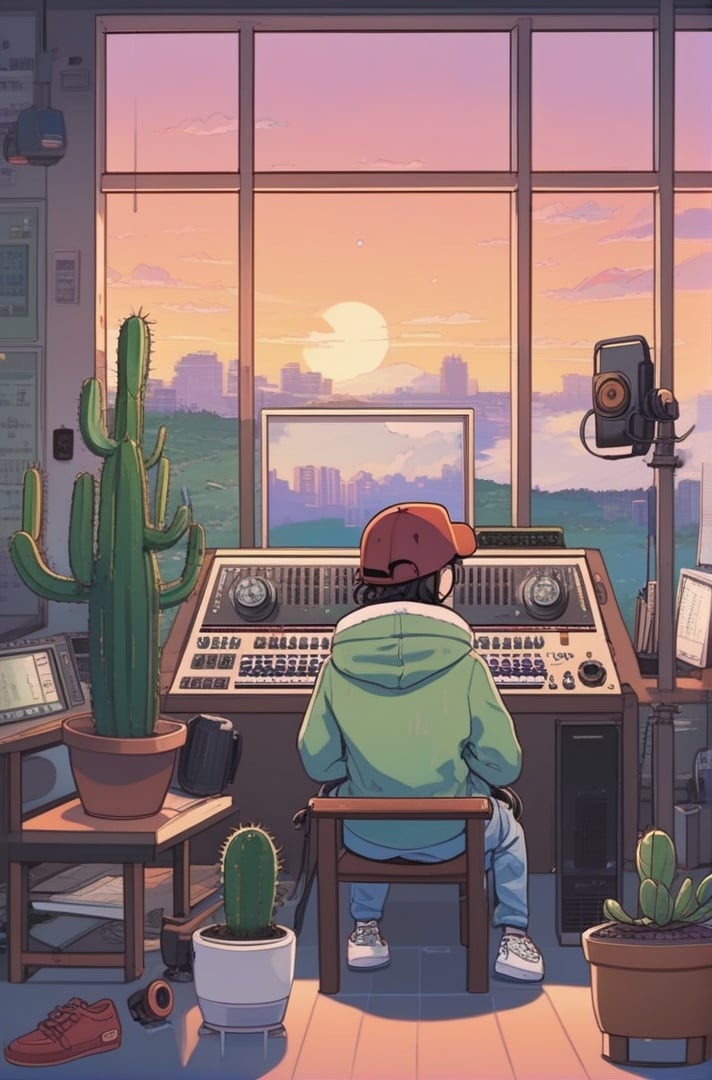 lofi anime, lofi, 1boy, 1girl, baseball cap, brown hair, cactus, calendar \(object\), chair, clock, cloud, computer, desk, glasses, hat, hood, hood down, hoodie, indoors, keyboard \(computer\), laptop, lofi style, male focus, monitor, mouse \(computer\), office chair, pants, plant, poster \(object\), potted plant, scenery, shoes, sitting, sneakers, solo, speaker, sunset, white footwear, window<lora:SDXL_Lofi:0.8>