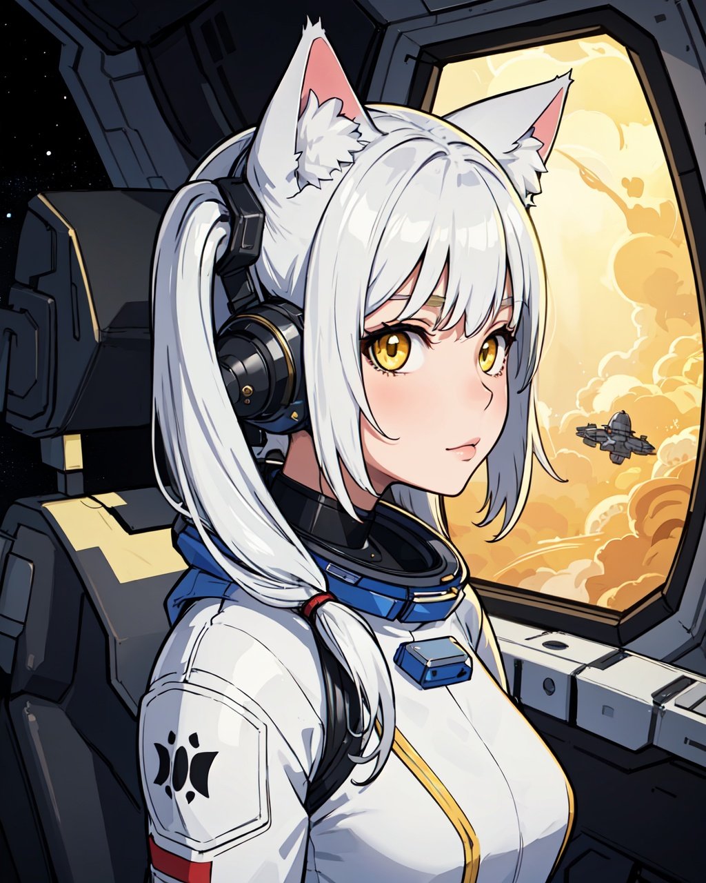 masterpiece, best quality, 1girl, spacecraft interior, spacesuit, upper body, from side, science fiction, yellow eyes, twintails, silver hair, cat ears, looking at viewer,