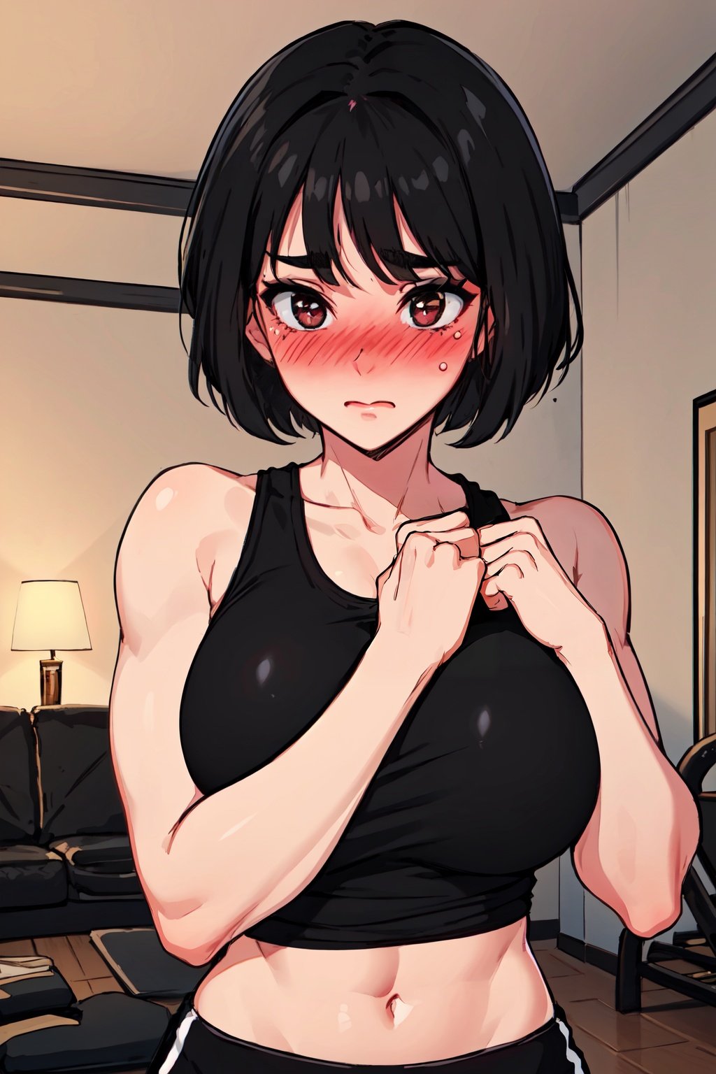 masterpiece, best quality, 1girl, (masterpiece:1.2, best quality), (1lady, solo, upper body:1.2),  Tomboy, Muscular, (large breast:1.2), (blushed body:1.5), hot body, Clothes: Tank_top , Appearance: short pixie black hair, (black hair:2),, natural makeup, Location: Living_room, grey, Hobbies: workout