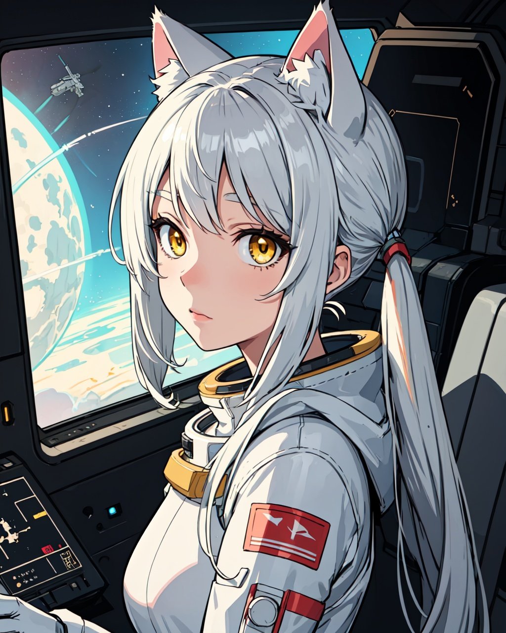 masterpiece, best quality, 1girl, spacecraft interior, spacesuit, upper body, from side, science fiction, yellow eyes, twintails, silver hair, cat ears, looking at viewer,