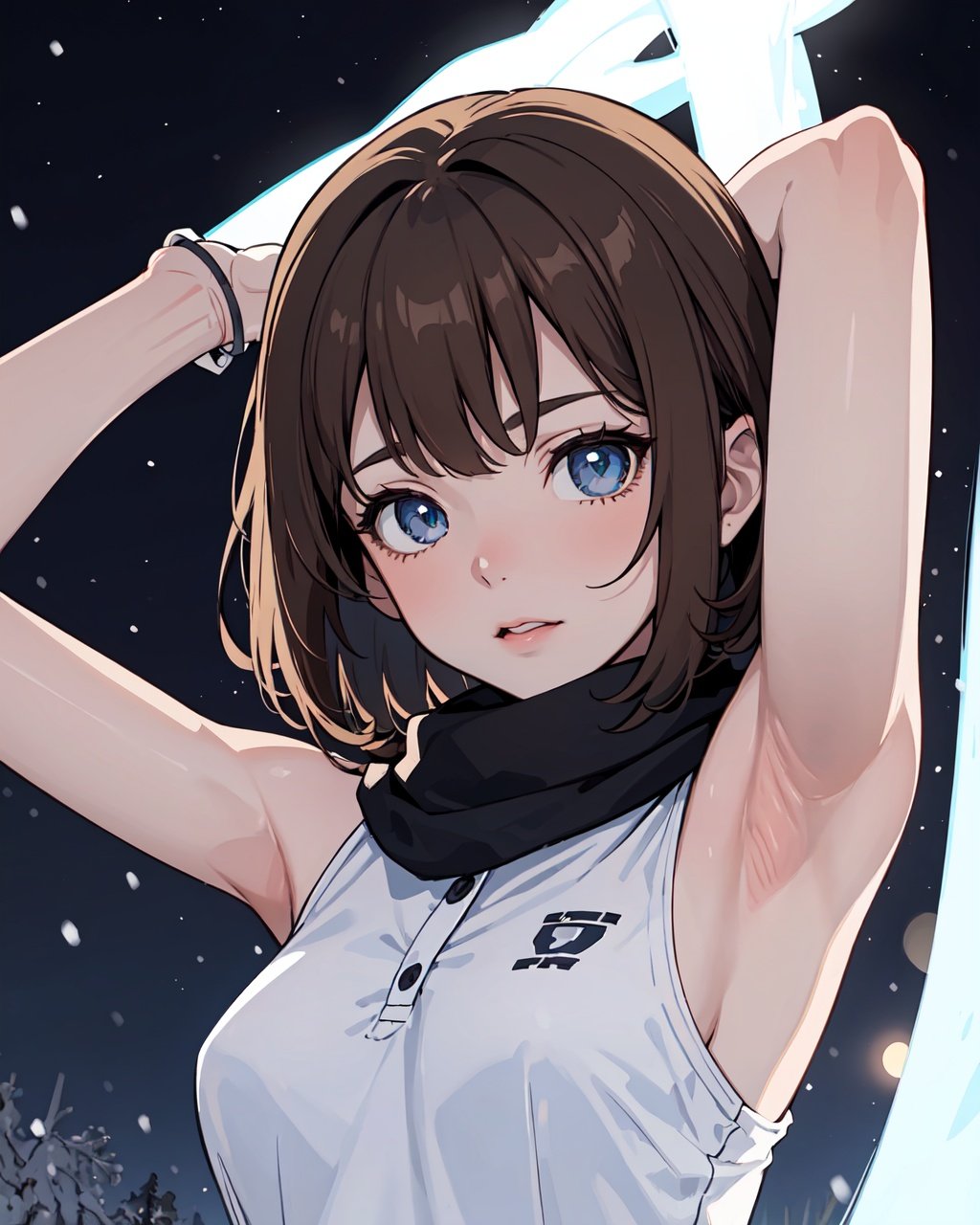 masterpiece, best quality, 1girl, in the snows, tight polo, upper body, sideways, sci-fi, beautiful eyes, brown hair, pixie cut hair, arms raised, armpits, scarf, looking at the viewer,, (night:1.5), (anime:1)