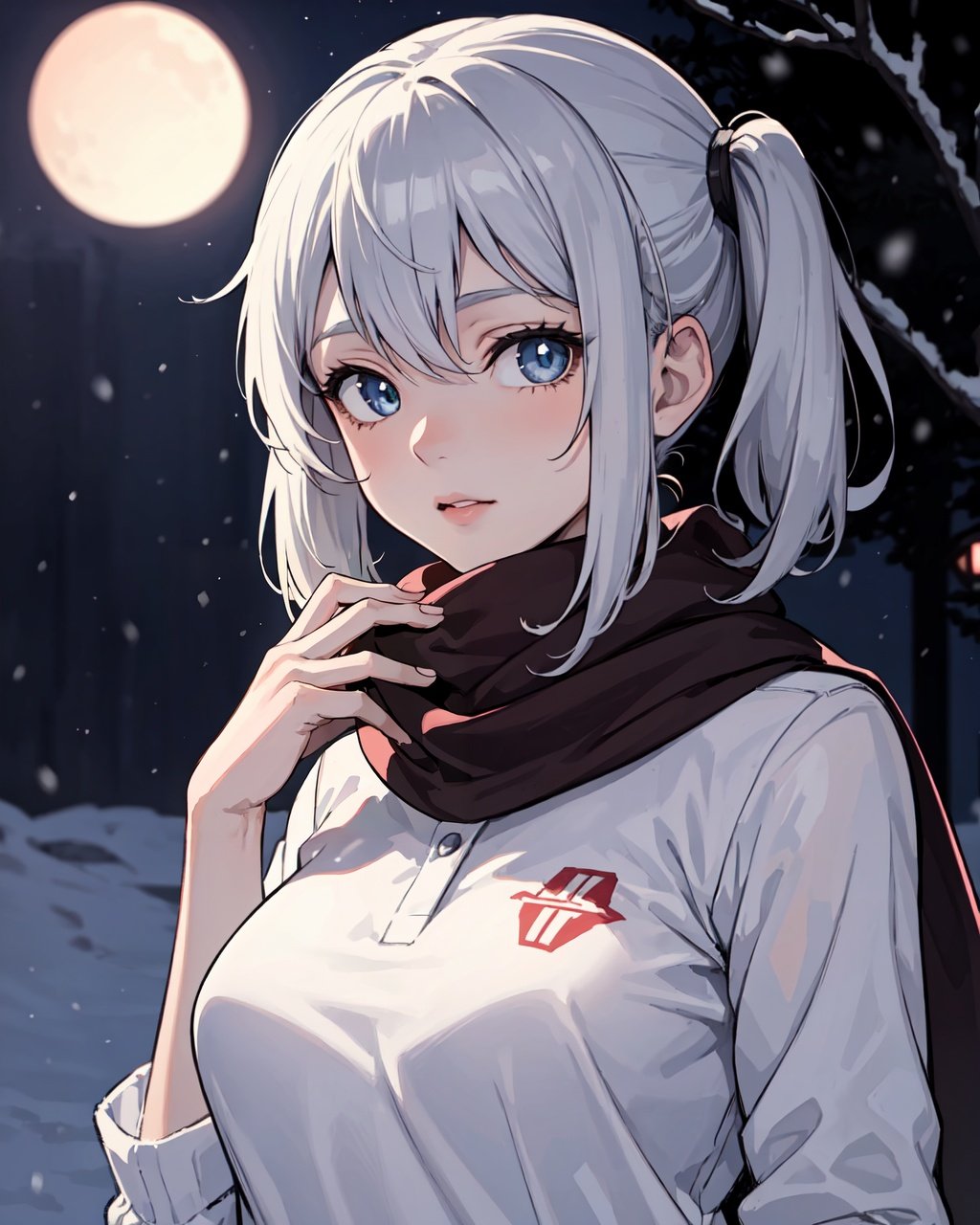 masterpiece, best quality, 1girl, in the snows, tight polo, upper body, sideways, sci-fi, beautiful eyes, pigtails, silver hair, pixie cut hair, scarf, looking at the viewer, (night:1.5), (anime:1)