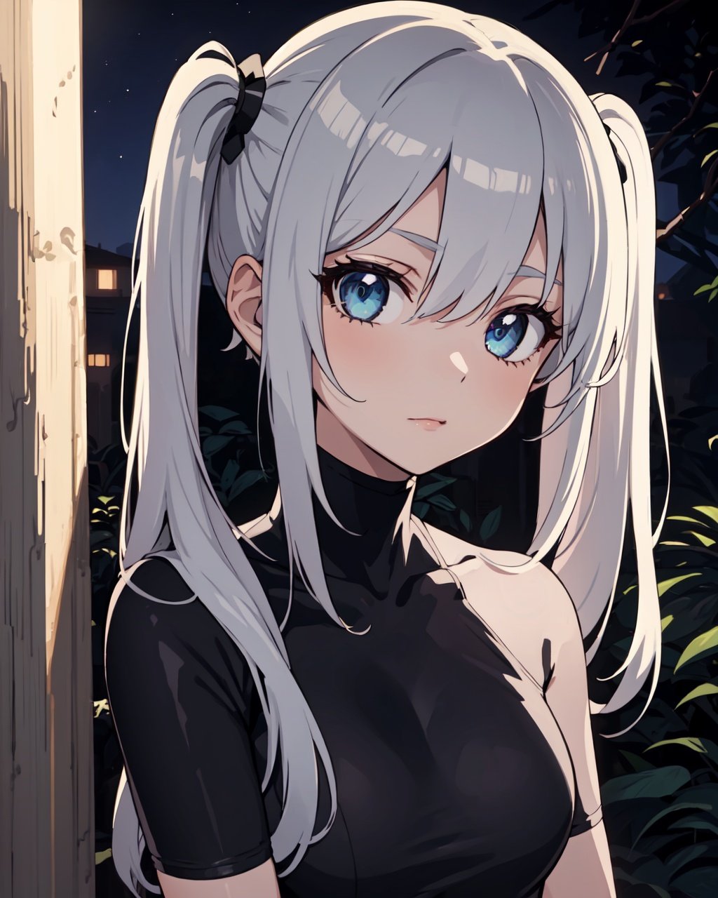 masterpiece, best quality, 1girl, jungle interior, tight pole, upper body, sideways, sci-fi, beautiful eyes, pigtails, silver hair, looking at the viewer, (night:1.5), (anime:1)