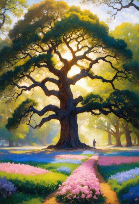 art by Robert Vonnoh, Pencil painting, landscape of The Angel Oak, flower field, Bathed in shadows, Art Nouveau, CMYK Colors