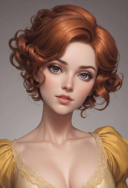 voluptuous Belle Époque Daedra, Auburn hair styled as Short and messy