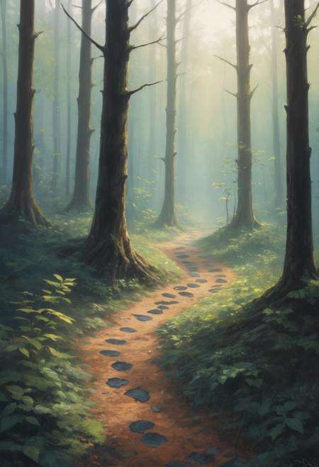 Irritated "Footprints on the forest floor, a dance with nature's symphony, harmonizing our steps with the earth's rhythm.", Grim, 80s Art