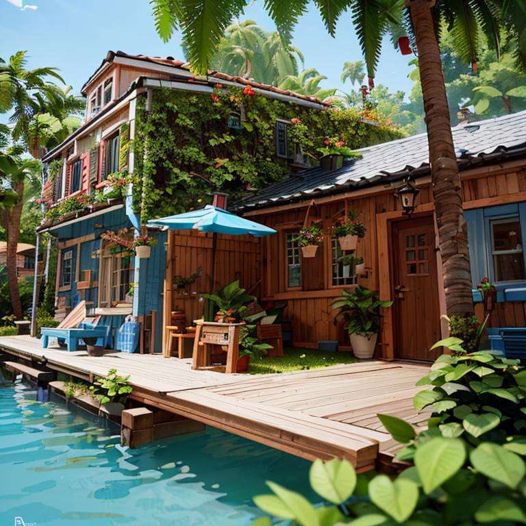 ((masterpiece,best quality)), absurdres,<lora:Delfino_Plaza:0.7>, Delfino_Plaza, detailed small house, small island, detailed dock, detailed leaves on roof, detailed wooden door, big watermelon, palm tree,