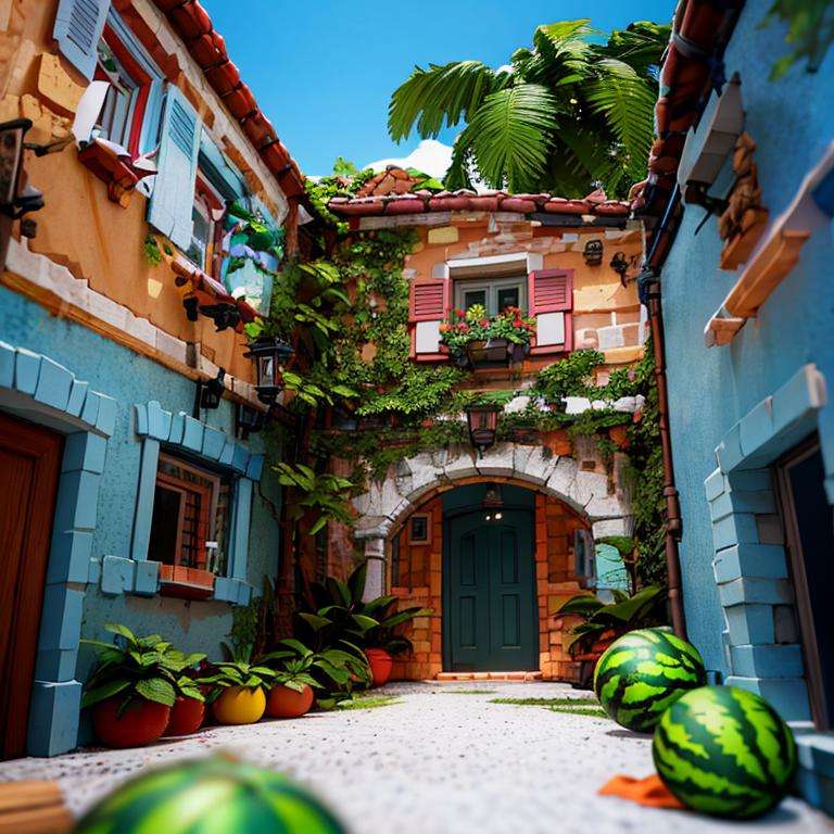 ((masterpiece,best quality)), absurdres,<lora:Delfino_Plaza:0.9>, Delfino_Plaza, small house, detailed leaves on roof, detailed wooden door, big watermelon, palm tree,