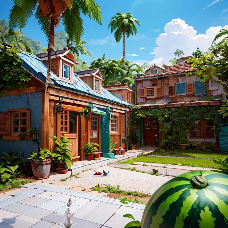 ((masterpiece,best quality)), absurdres,<lora:Delfino_Plaza:0.7>, Delfino_Plaza, detailed small house, small island, detailed dock, detailed leaves on roof, detailed wooden door, big watermelon, palm tree,