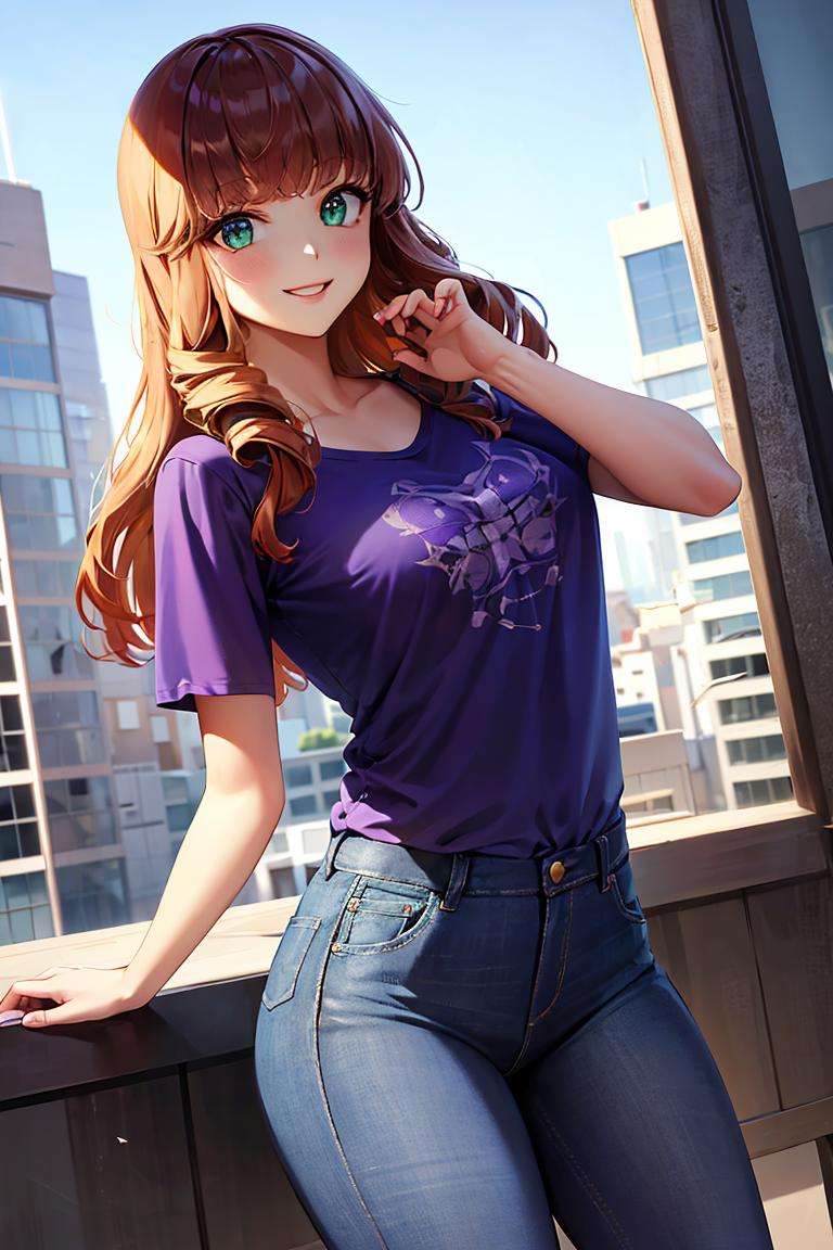 ((masterpiece,best quality)), absurdres,<lora:Guinevere_ML:0.7>, Guinevere_ML, purple tshirt, denim jeans, solo, smiling, looking at viewer, modern city, cinematic composition, dynamic pose,