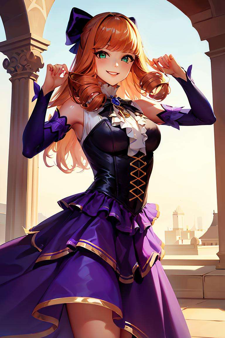 ((masterpiece,best quality)), absurdres, <lora:Guinevere_ML:0.7>, Guinevere_ML, solo, smiling, long purple dress, looking at viewer, cowboy shot, cinematic composition, dynamic pose