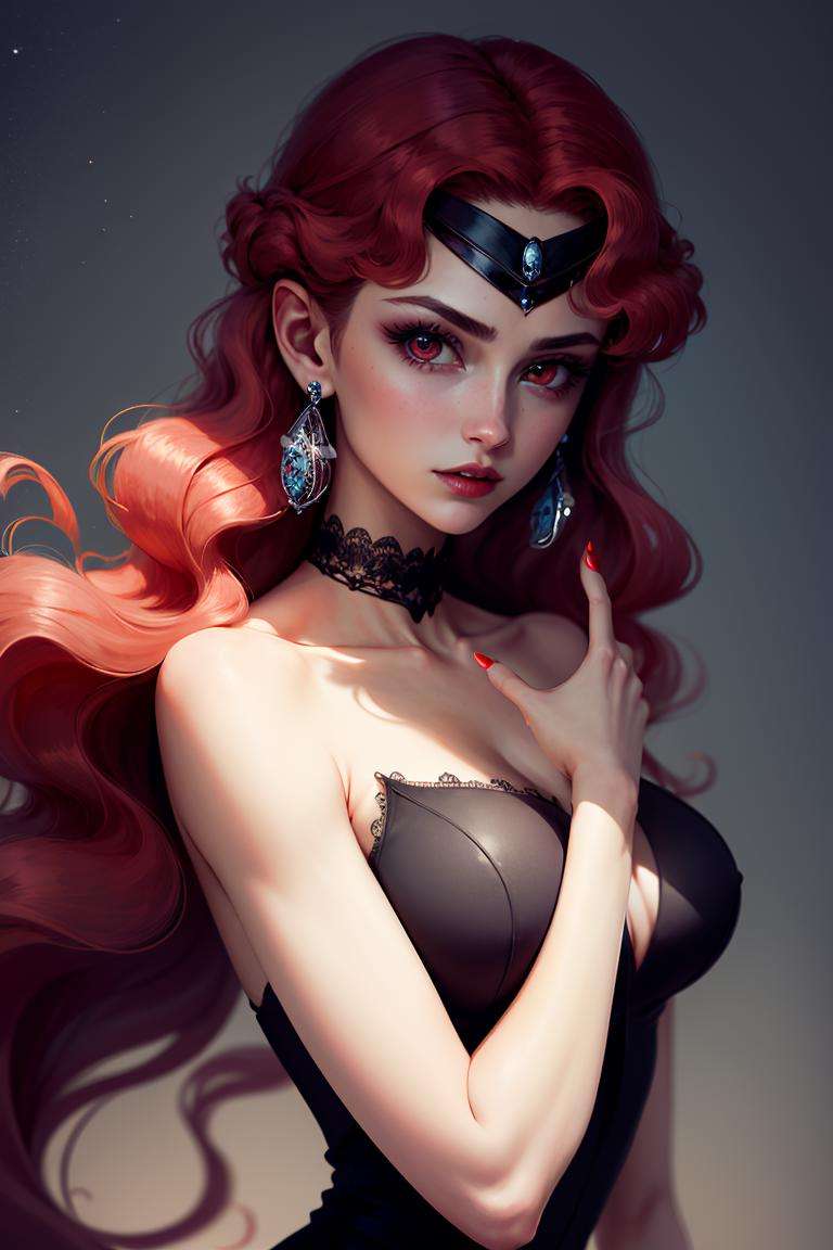 masterpiece, best quality, 1girl, beautiful face, Queen_Beryl_Sailor_Moon, long black dress, <lora:Queen_Beryl_Sailor_Moon:0.6>,