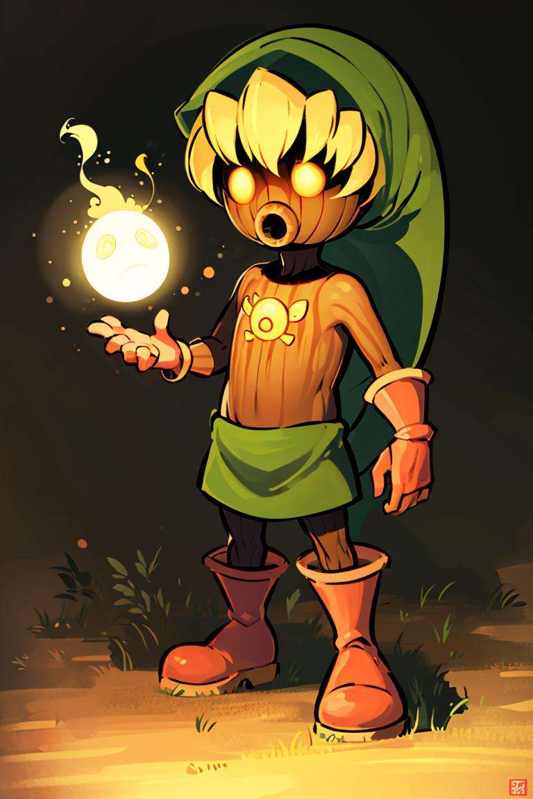 ((masterpiece,best quality)), absurdres, <lora:Deku_Link_Zelda:0.8>, Deku_Link_Zelda, solo, 1boy, blonde, glowing eyes, yellow_eyes, brown boots, looking at viewer, cinematic composition,