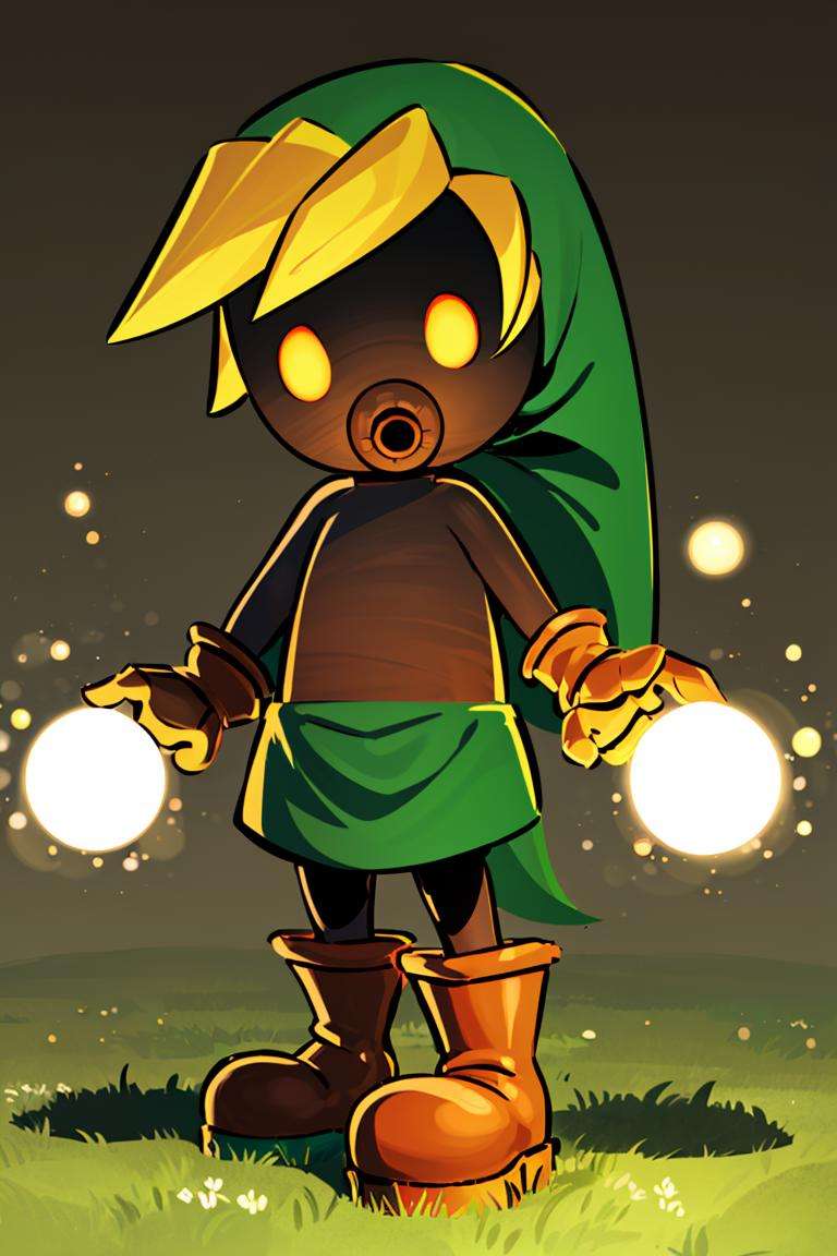 ((masterpiece,best quality)), absurdres, <lora:Deku_Link_Zelda:0.8>, Deku_Link_Zelda, solo, 1boy, blonde, glowing eyes, yellow_eyes, brown boots, looking at viewer, cinematic composition,