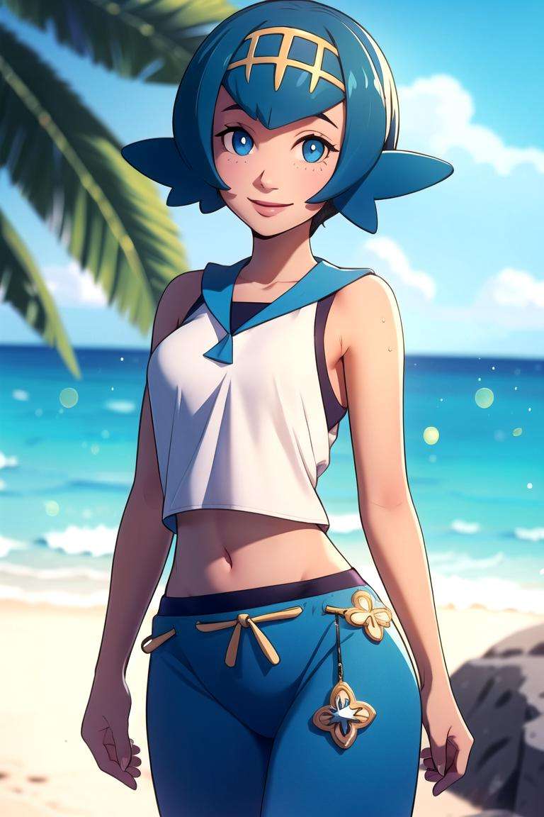 centered, award winning upper body portrait, cowboy shot, (looking at viewer:1.2), | solo, standing, Lana_Pokemon, smiling, midriff peek, pants, | beach, tropical scenery, | bokeh, depth of field, cinematic composition, dynamic pose, | <lora:Lana_Pokemon:0.9>