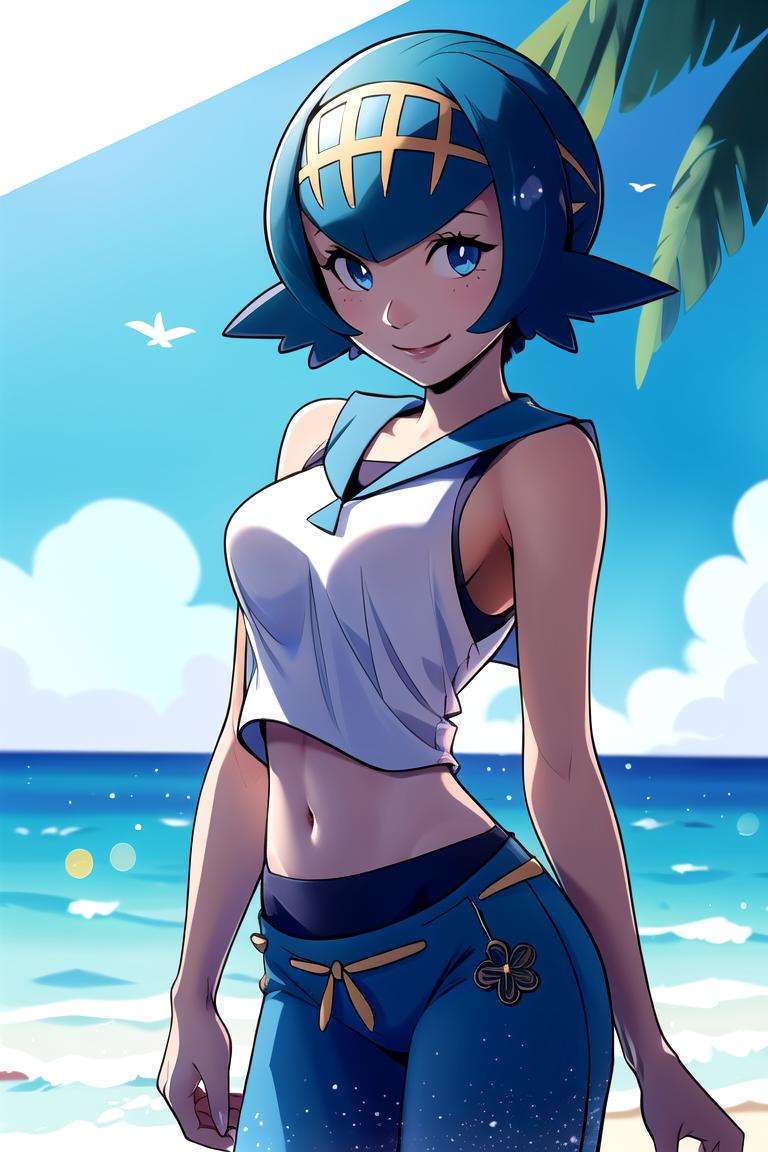 centered, award winning upper body portrait, cowboy shot, (looking at viewer:1.2), | solo, standing, Lana_Pokemon, smiling, midriff peek, pants, | beach, tropical scenery, | bokeh, depth of field, cinematic composition, dynamic pose, | <lora:Lana_Pokemon:0.9>