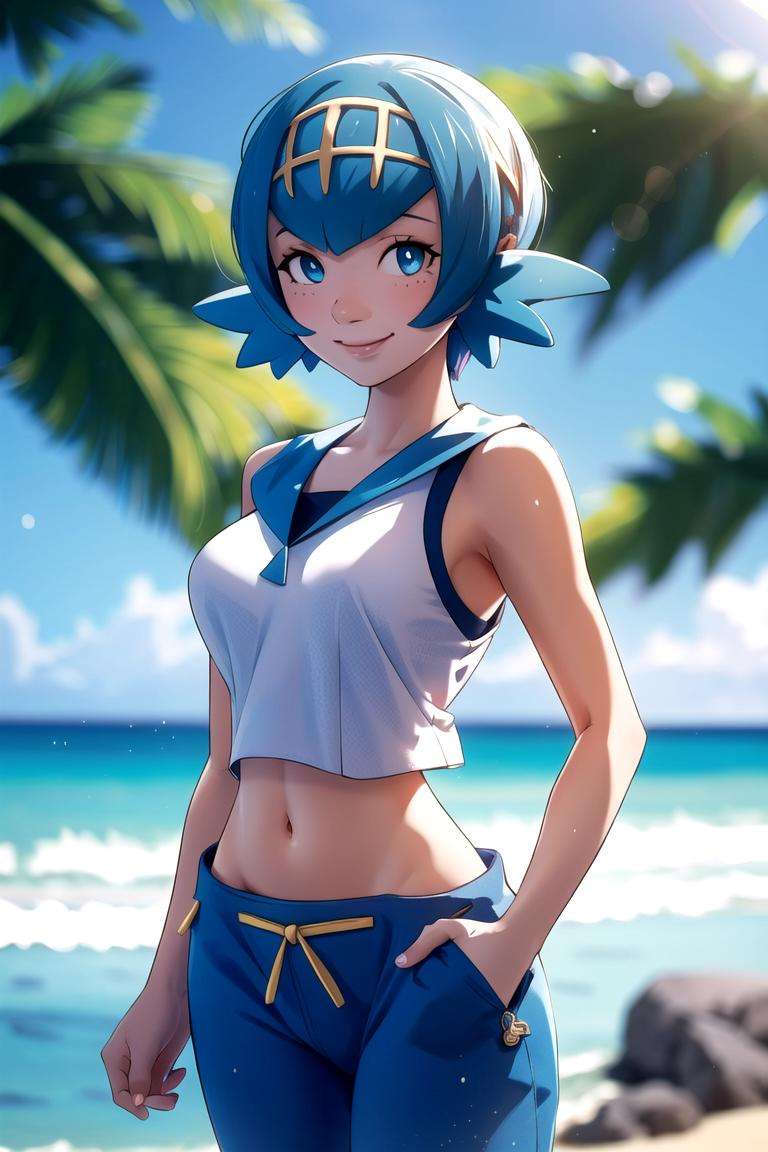 centered, award winning upper body portrait, cowboy shot, (looking at viewer:1.2), | solo, standing, Lana_Pokemon, smiling, midriff peek, pants, | beach, tropical scenery, | bokeh, depth of field, cinematic composition, dynamic pose, | <lora:Lana_Pokemon:0.9>