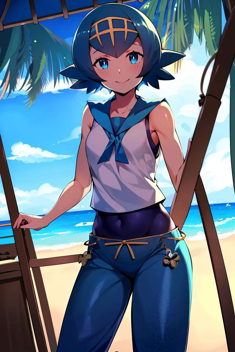 ((masterpiece,best quality)), absurdres,<lora:Lana_Pokemon:0.8>, Lana_Pokemon, sailor collar, sleeveless shirt, blue pants, solo, smiling, looking at viewer, cowboy shot, tropical background, cinematic composition, dynamic pose,