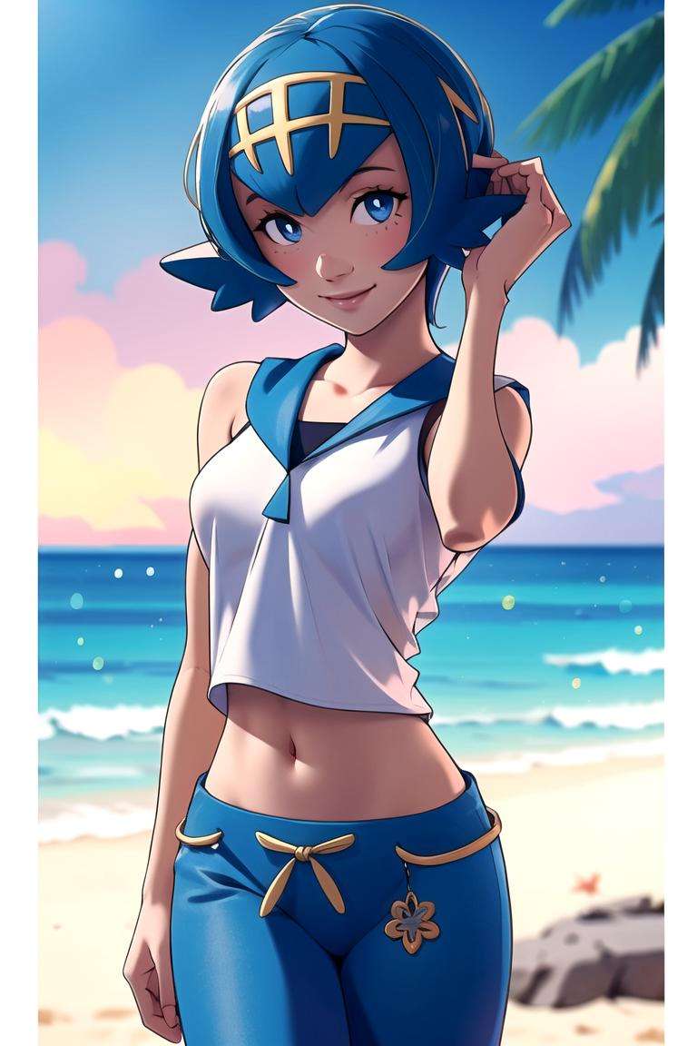 centered, award winning upper body portrait, cowboy shot, (looking at viewer:1.2), | solo, standing, Lana_Pokemon, smiling, midriff peek, pants, | beach, tropical scenery, | bokeh, depth of field, cinematic composition, dynamic pose, | <lora:Lana_Pokemon:0.9>