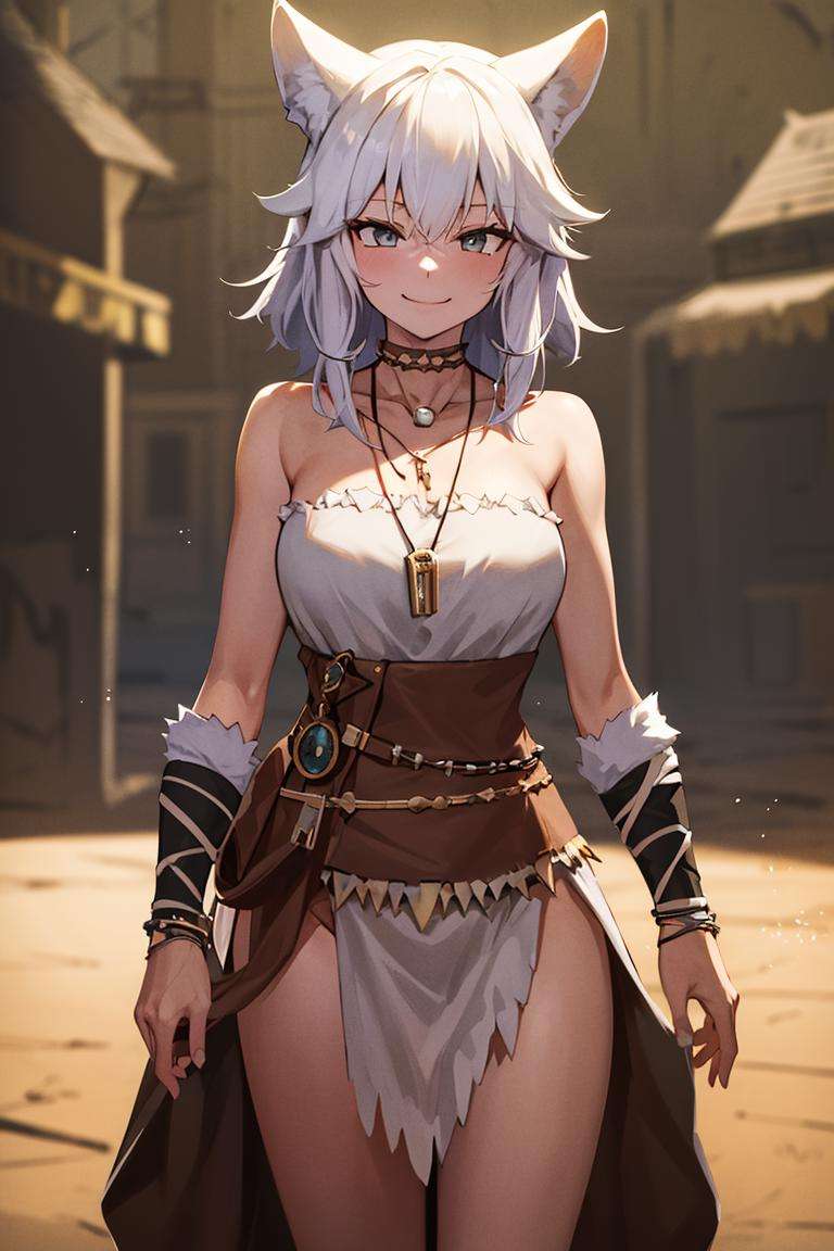 ((masterpiece,best quality)), absurdres,<lora:Savage_Design:0.7>, Savage_Design, 1girl, bone necklace,  solo, smiling, looking at viewer, cowboy shot, cinematic composition, dynamic pose,