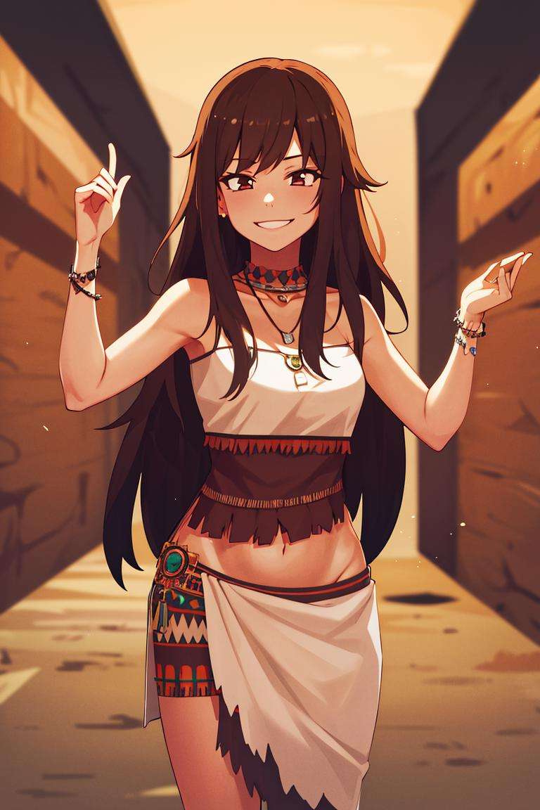 ((masterpiece,best quality)), absurdres,<lora:Savage_Design:0.9>, Savage_Design, 1girl, bone necklace, tribal, brown hair, solo, smiling, looking at viewer, cowboy shot, cinematic composition, dynamic pose,