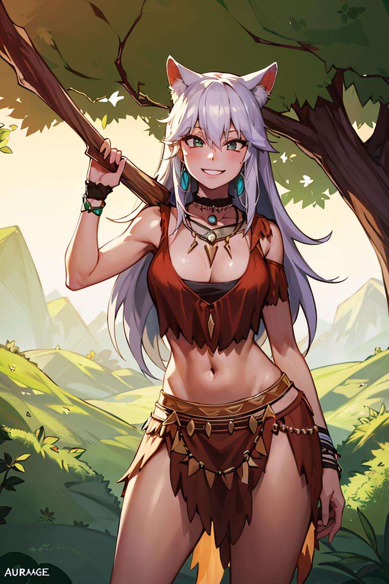 ((masterpiece,best quality)), absurdres,<lora:Savage_Design:0.7>, Savage_Design, 1girl, bone necklace,  solo, smiling, looking at viewer, cowboy shot, jungle background, cinematic composition, dynamic pose,