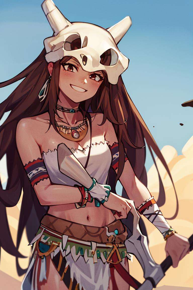 ((masterpiece,best quality)), absurdres,<lora:Savage_Design:0.9>, Savage_Design, 1girl, bone necklace, tribal, brown hair, solo, smiling, looking at viewer, cowboy shot, cinematic composition, dynamic pose,