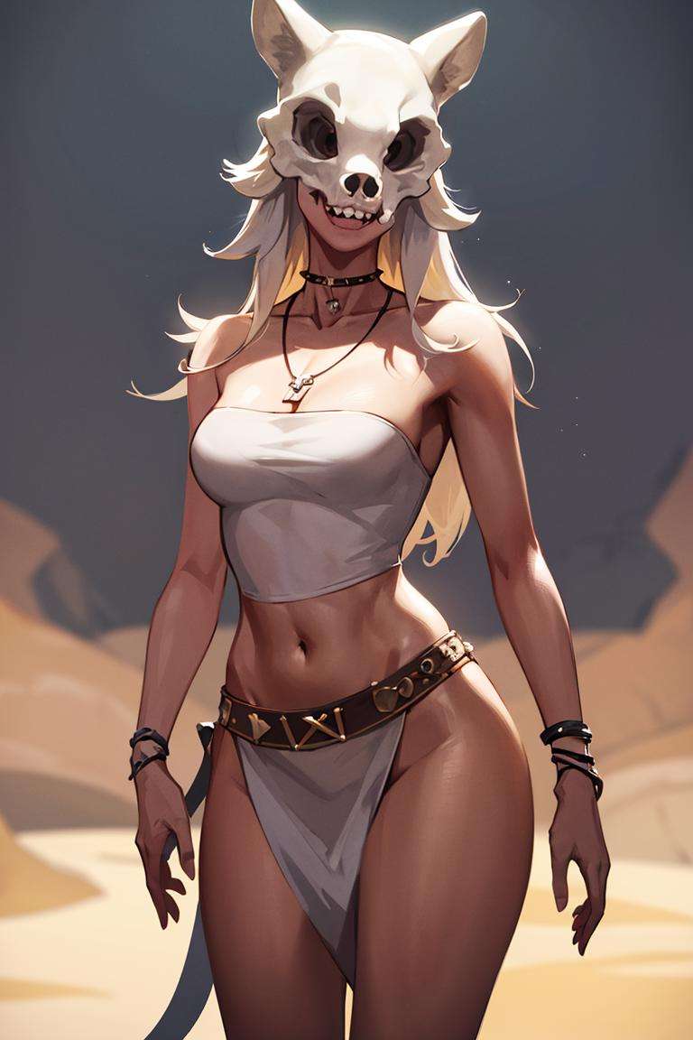 ((masterpiece,best quality)), absurdres,<lora:Savage_Design:0.7>, Savage_Design, 1girl, bone necklace,  solo, smiling, looking at viewer, cowboy shot, cinematic composition, dynamic pose,