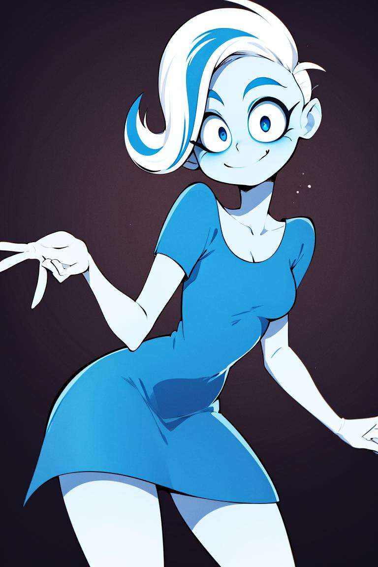 ((masterpiece,best quality)), absurdres, <lora:Phantasma_Ghoul_School:0.8>, Phantasma_Ghoul_School, solo, blue dress, smiling, looking at viewer, cowboy shot, cinematic composition, dynamic pose