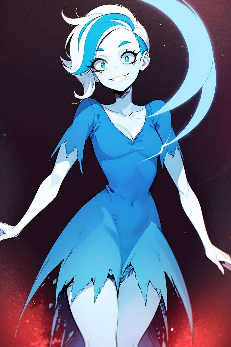 ((masterpiece,best quality)), absurdres, <lora:Phantasma_Ghoul_School:0.6>, Phantasma_Ghoul_School, solo, blue dress, smiling, looking at viewer, cowboy shot, cinematic composition, dynamic pose