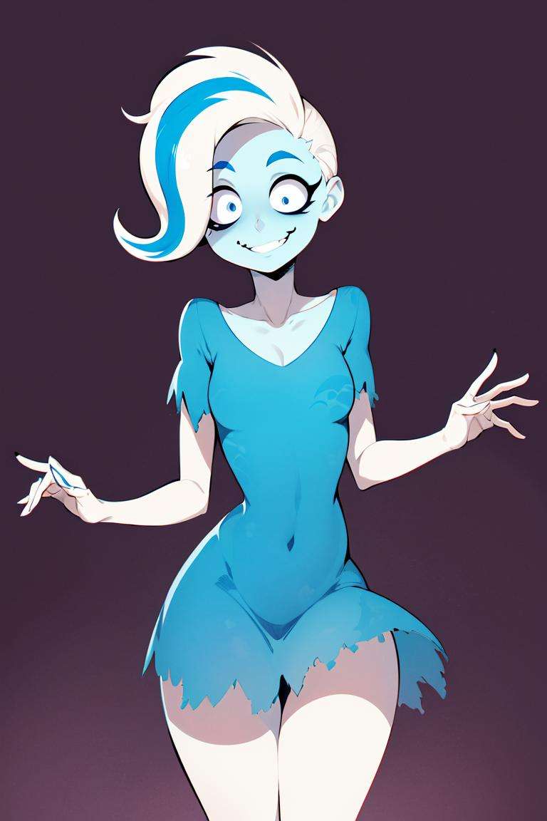 ((masterpiece,best quality)), absurdres, <lora:Phantasma_Ghoul_School:0.8>, Phantasma_Ghoul_School, solo, blue dress, smiling, looking at viewer, cowboy shot, cinematic composition, dynamic pose