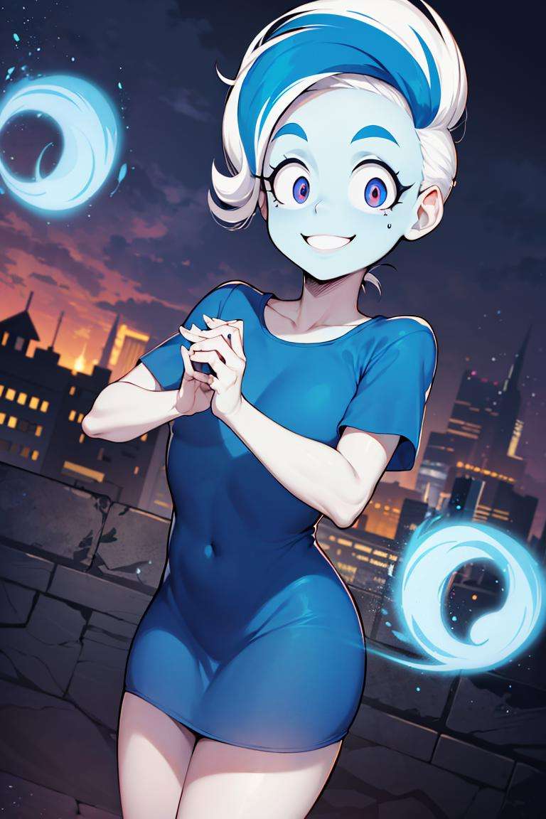 ((masterpiece,best quality)), absurdres, <lora:Phantasma_Ghoul_School:0.6>, Phantasma_Ghoul_School, solo, blue dress, smiling, looking at viewer, cowboy shot, cinematic composition, dynamic pose