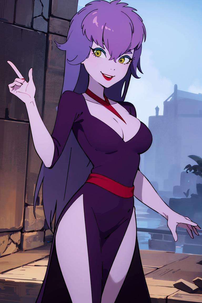 ((masterpiece,best quality)), absurdres, <lora:Sibella_Ghoul_School:0.7>, Sibella_Ghoul_School, solo, medium breasts, side slit,  purple dress, smiling, looking at viewer, cowboy shot, cinematic composition, dynamic pose