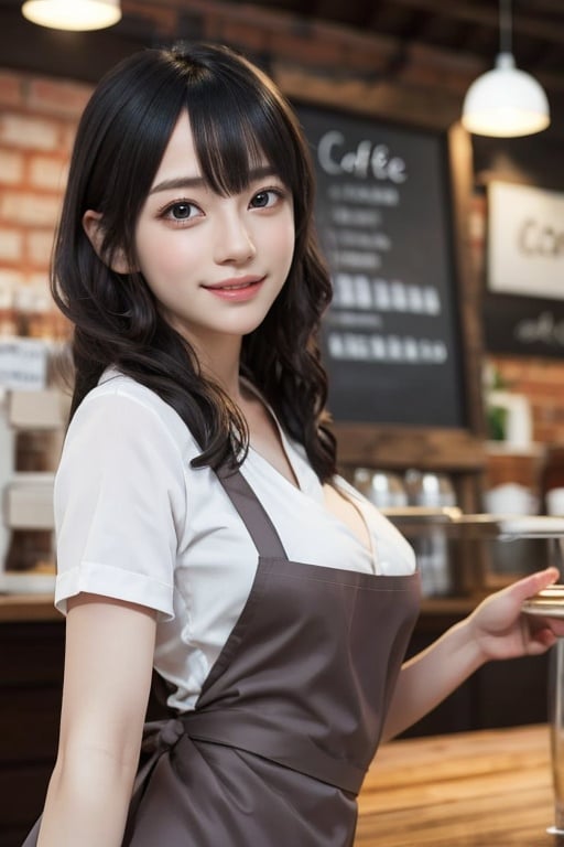 1girl, cute face, round-face, babyface, loli face, (cubby:0.9), medium hair, small face,huge breast, 18yo, (young looking girl:1.1),BREAk,fun feeling, happy feeling,grin, (cosplay:1.3), (cafe clerk:1.3), (cafe clerk costume:1.5),(dynamic angle, dynamic pose:1.3), (random pose, random angle:1.1),BREAK,masterpiece, best quality, 8K, detailed, detailed face and skin, hi-res, perfect anatomy, physically-based rendering, photorealistic, symmetric clear eyes, well-groomed face,<lora:yame:0.6>