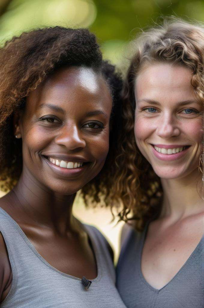 In an endearing close-up photograph, two close young european and african woman, with radiant smiles and sparkling eyes, stand cheek to cheek, looking directly at the viewer. The genuine bond between them is evident in their warm expressions. The background, beautifully blurred through a high depth of field, accentuates the focus on their heartfelt connection. Captured in a Photographic style with a 50mm prime lens, ensuring exquisite facial details and a natural perspective that brings out the authenticity of their friendship.    <lora:faces_v2:0.6>