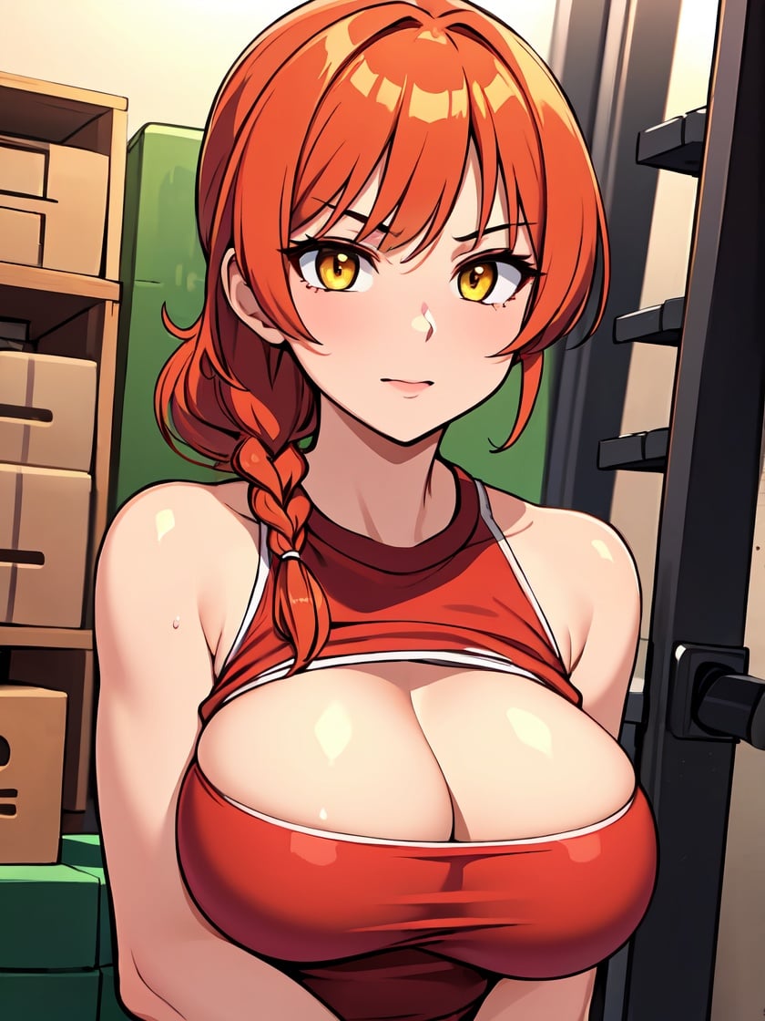 ((masterpiece)), (best quality), beautiful, extremely detailed face, perfect lighting,ultra-detailed,((expressionless)),((cold attitude)),((tsurime)),((tareme)),breasts,((Mature female)),((gym storeroom))makima, long hair, smile, bangs, (big breasts:1.2), (yellow eyes:1.2), braid, red hair, braided ponytail, ringed eyes,1girl, face, close-up